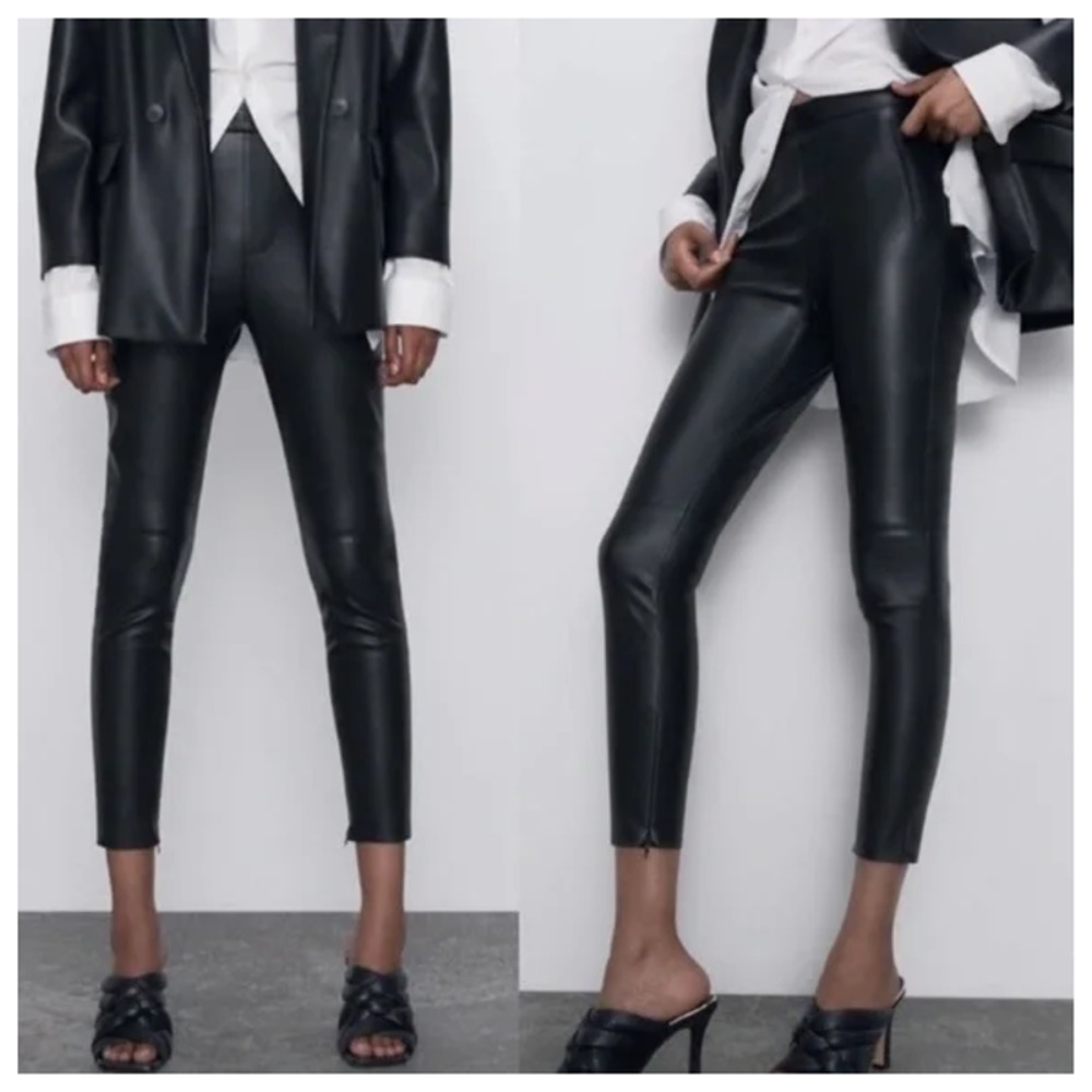 Zara | Black Faux/Vegan Leather Zip Ankle Pants